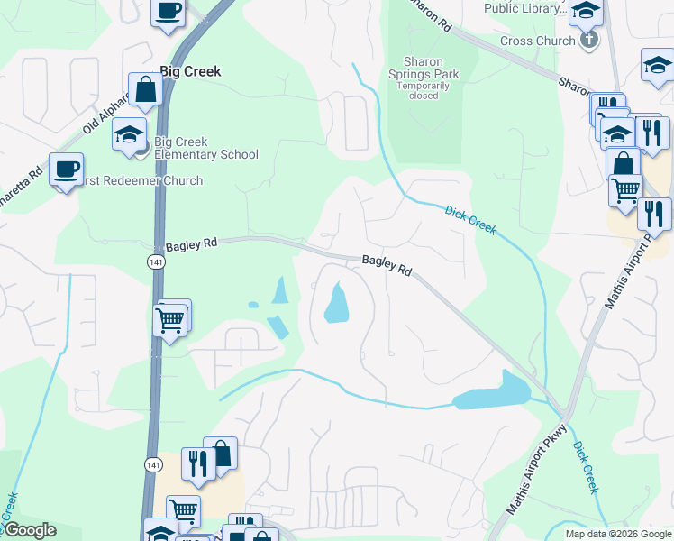 map of restaurants, bars, coffee shops, grocery stores, and more near 2505 Manor Creek Court in Cumming