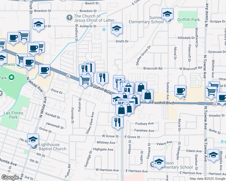 map of restaurants, bars, coffee shops, grocery stores, and more near 141 West Foothill Boulevard in Pomona
