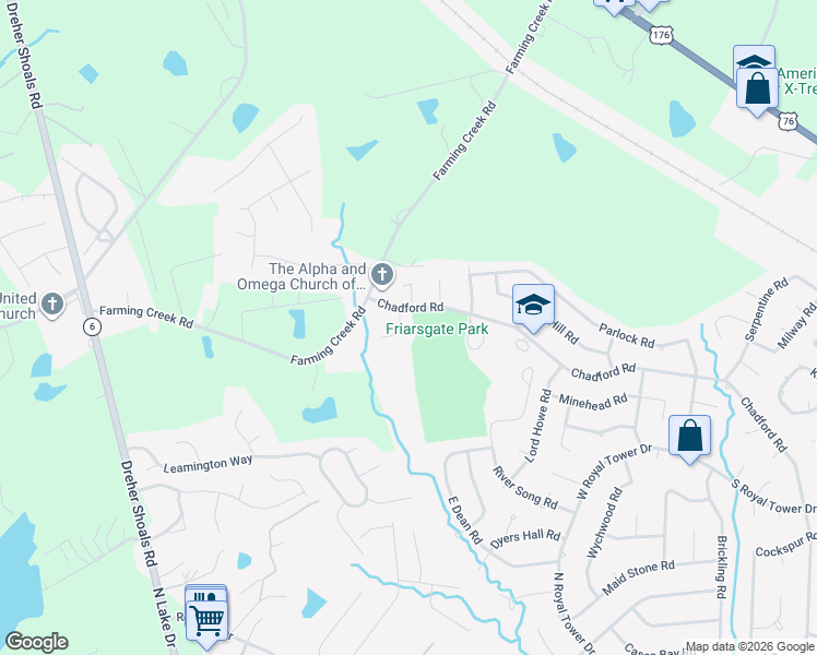 map of restaurants, bars, coffee shops, grocery stores, and more near 14 Market Hall Court in Irmo