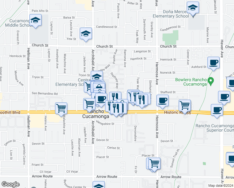 map of restaurants, bars, coffee shops, grocery stores, and more near 9849 Allesandro Court in Rancho Cucamonga