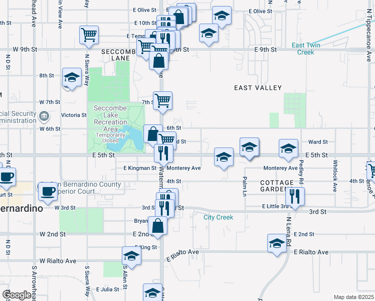map of restaurants, bars, coffee shops, grocery stores, and more near 24222 5th Street in San Bernardino