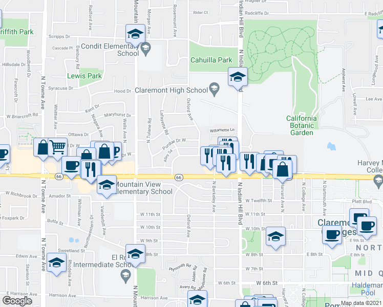 map of restaurants, bars, coffee shops, grocery stores, and more near 621 Colby Circle in Claremont