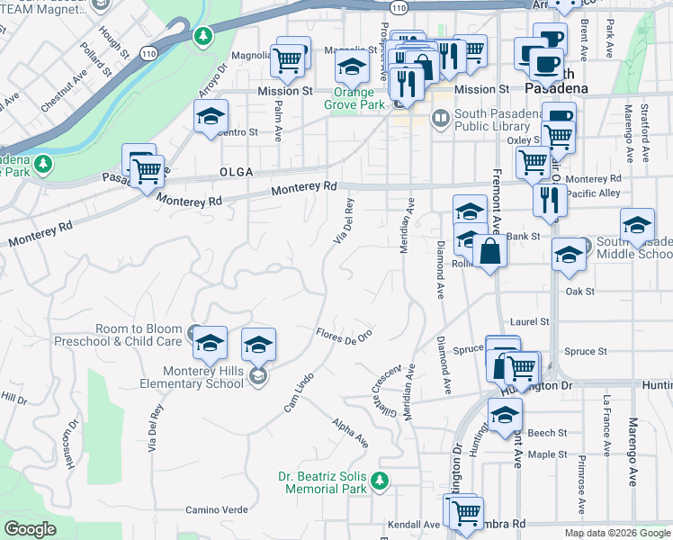 map of restaurants, bars, coffee shops, grocery stores, and more near 800 Bank Street in South Pasadena