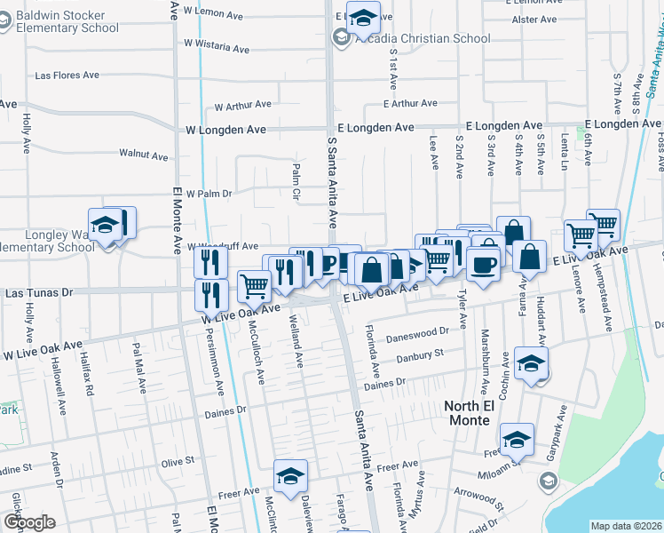 map of restaurants, bars, coffee shops, grocery stores, and more near 1317 South Santa Anita Avenue in Arcadia