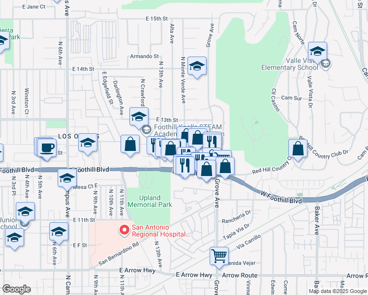 map of restaurants, bars, coffee shops, grocery stores, and more near 1387 East Anita Street in Upland