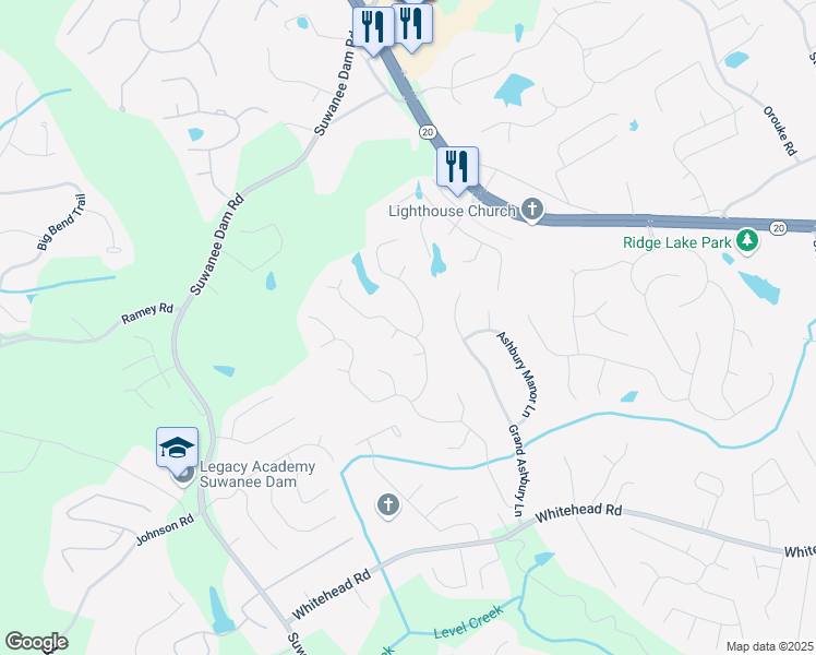 map of restaurants, bars, coffee shops, grocery stores, and more near 455 Ellesmere Way in Buford