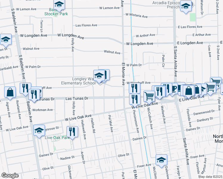 map of restaurants, bars, coffee shops, grocery stores, and more near 240 West Woodruff Avenue in Arcadia