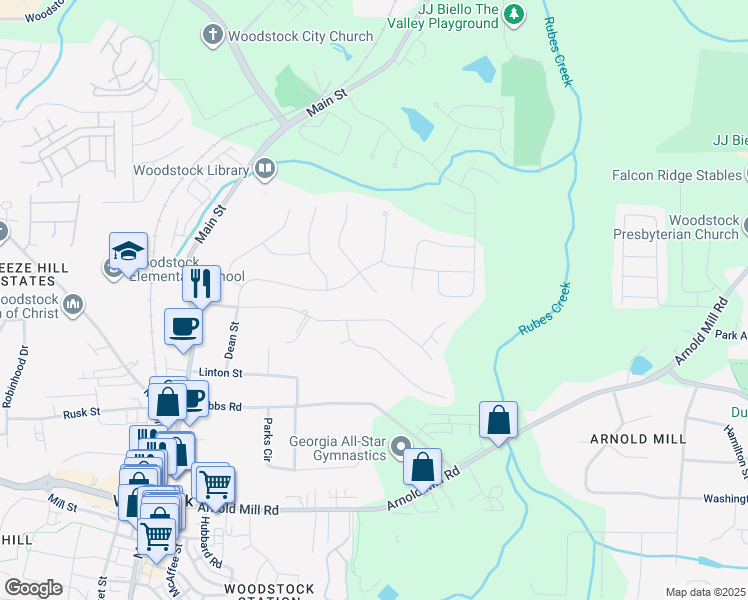 map of restaurants, bars, coffee shops, grocery stores, and more near 601 Oakbourne Way in Woodstock
