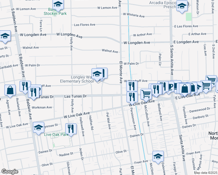 map of restaurants, bars, coffee shops, grocery stores, and more near 240 West Woodruff Avenue in Arcadia