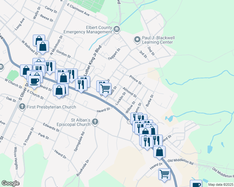 map of restaurants, bars, coffee shops, grocery stores, and more near 227 Locklin Street in Elberton