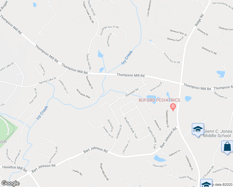 map of restaurants, bars, coffee shops, grocery stores, and more near 3232 Blaisdell Road in Buford