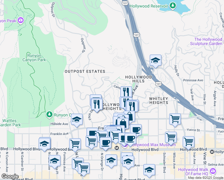 map of restaurants, bars, coffee shops, grocery stores, and more near 2071 Glencoe Way in Los Angeles