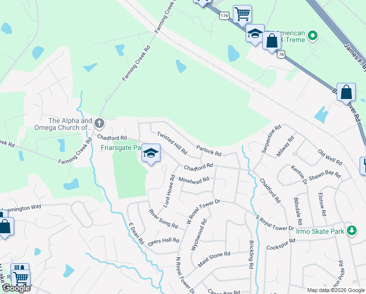 map of restaurants, bars, coffee shops, grocery stores, and more near 129 Twisted Hill Road in Irmo
