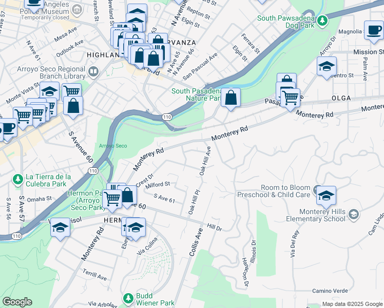 map of restaurants, bars, coffee shops, grocery stores, and more near 25 Short Way in South Pasadena