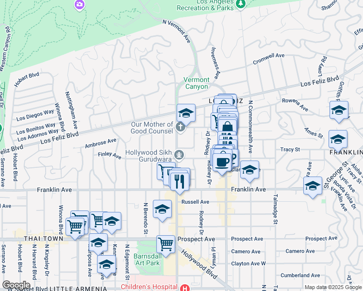 map of restaurants, bars, coffee shops, grocery stores, and more near 2030 North Vermont Avenue in Los Angeles
