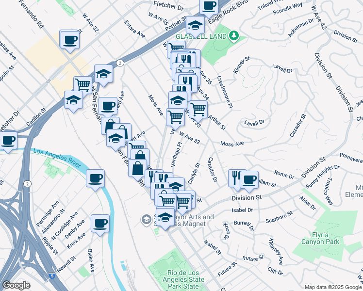 map of restaurants, bars, coffee shops, grocery stores, and more near 3172 Verdugo Place in Los Angeles
