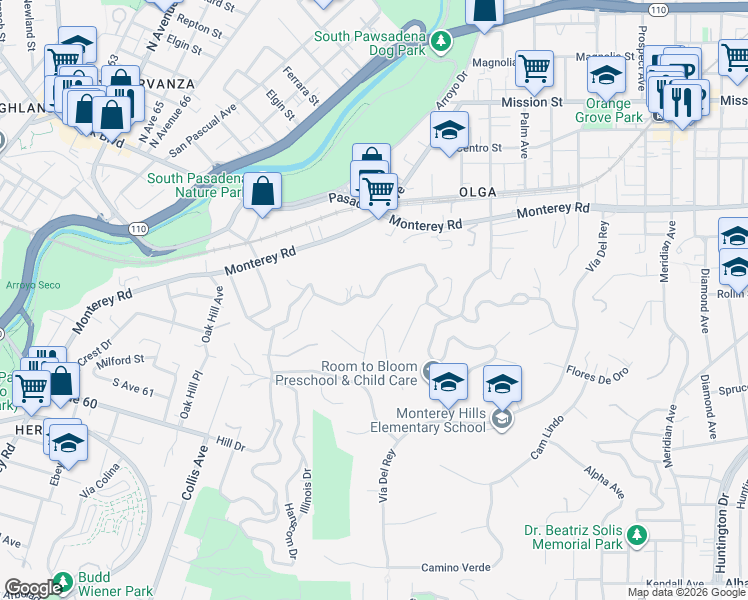 map of restaurants, bars, coffee shops, grocery stores, and more near 285 Saint Albans Avenue in South Pasadena