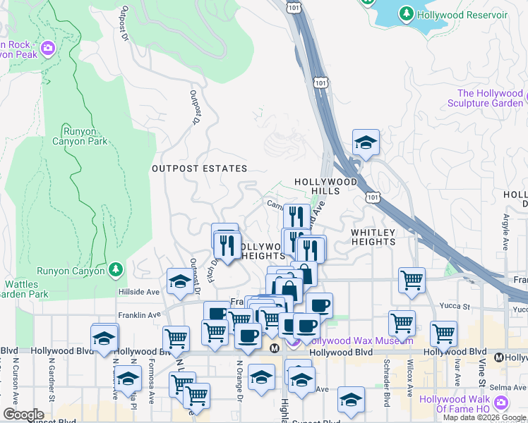 map of restaurants, bars, coffee shops, grocery stores, and more near 2071 Glencoe Way in Los Angeles