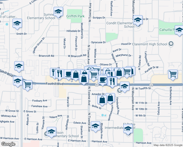 map of restaurants, bars, coffee shops, grocery stores, and more near 1364 North Towne Avenue in Claremont