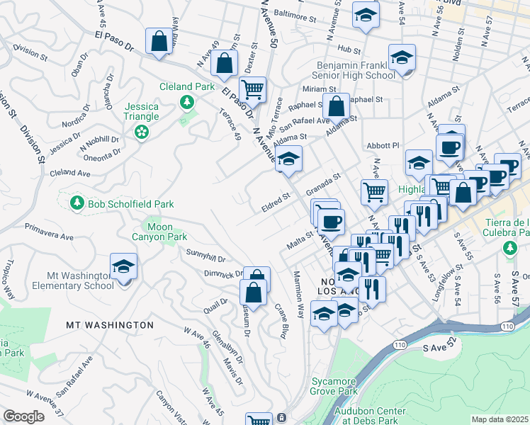 map of restaurants, bars, coffee shops, grocery stores, and more near 4894 Eldred Street in Los Angeles