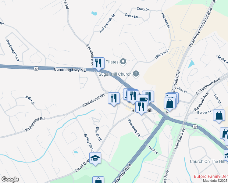 map of restaurants, bars, coffee shops, grocery stores, and more near 343 Sugarview Road in Sugar Hill