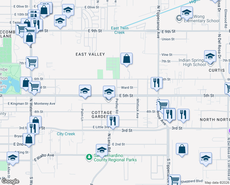 map of restaurants, bars, coffee shops, grocery stores, and more near 7990 Pedley Road in San Bernardino
