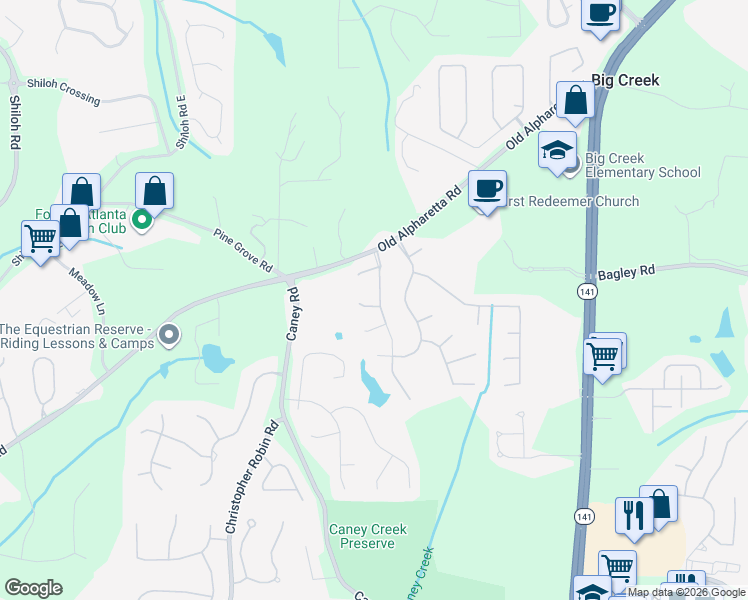 map of restaurants, bars, coffee shops, grocery stores, and more near 2350 Springmonte Place in Cumming