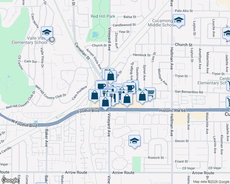 map of restaurants, bars, coffee shops, grocery stores, and more near 7985 Vineyard Avenue in Rancho Cucamonga