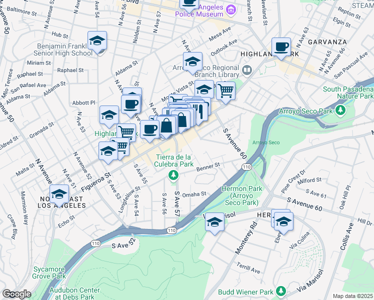 map of restaurants, bars, coffee shops, grocery stores, and more near 140 South Avenue 58 in Los Angeles