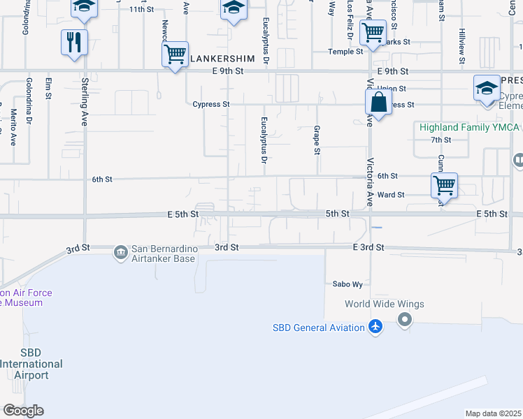 map of restaurants, bars, coffee shops, grocery stores, and more near 5th Street in Highland