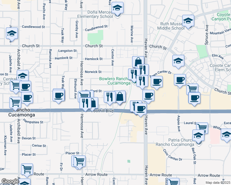 map of restaurants, bars, coffee shops, grocery stores, and more near 7994 Center Avenue in Rancho Cucamonga