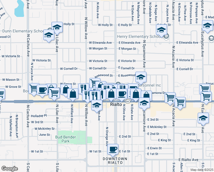 map of restaurants, bars, coffee shops, grocery stores, and more near 146 West Ramona Drive in Rialto