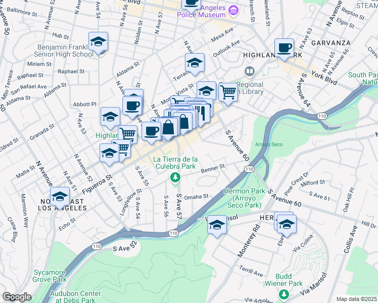 map of restaurants, bars, coffee shops, grocery stores, and more near 150 South Avenue 58 in Los Angeles