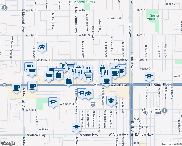 map of restaurants, bars, coffee shops, grocery stores, and more near 1150 North Ukiah Way in Upland