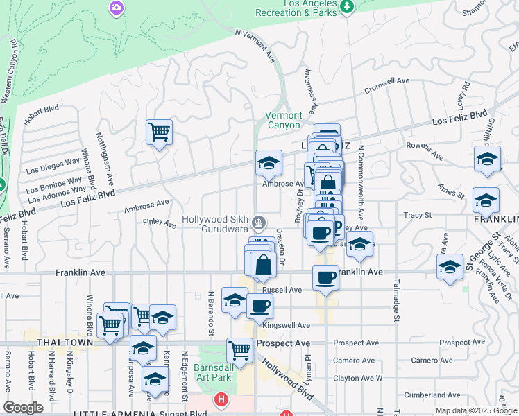 map of restaurants, bars, coffee shops, grocery stores, and more near 2030 North Vermont Avenue in Los Angeles