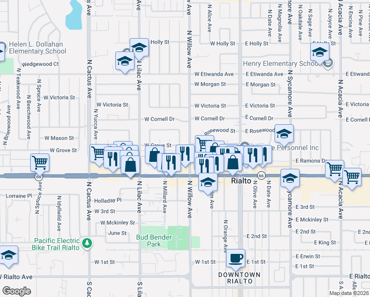 map of restaurants, bars, coffee shops, grocery stores, and more near 302 West Ramona Drive in Rialto