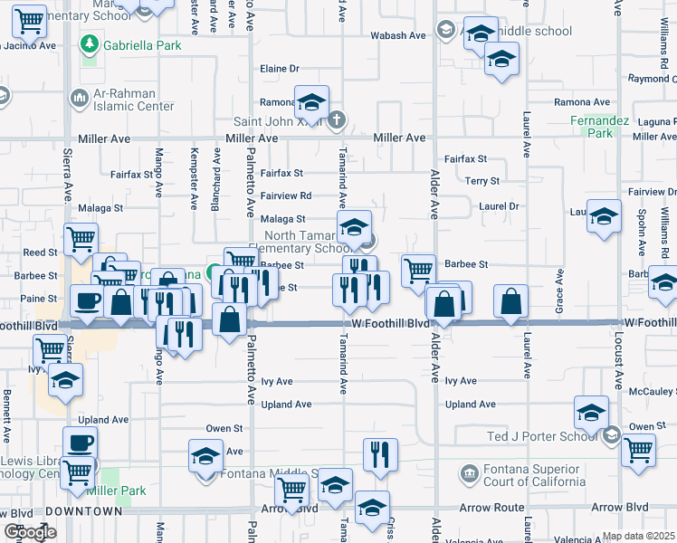 map of restaurants, bars, coffee shops, grocery stores, and more near 8004 Tamarind Avenue in Fontana