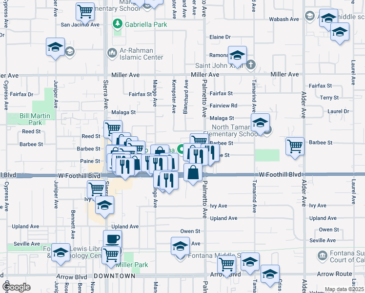 map of restaurants, bars, coffee shops, grocery stores, and more near 17209 Barbee Street in Fontana