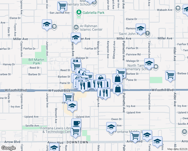 map of restaurants, bars, coffee shops, grocery stores, and more near 7996 Mango Avenue in Fontana