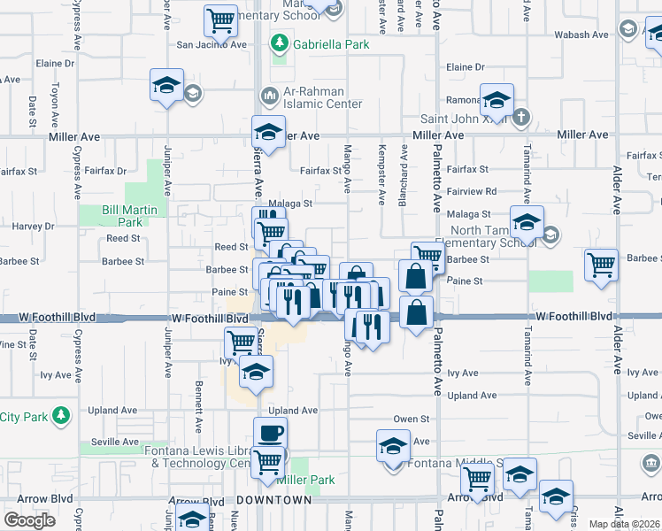 map of restaurants, bars, coffee shops, grocery stores, and more near 7996 Mango Avenue in Fontana