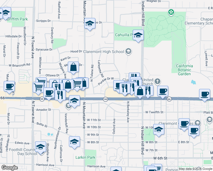map of restaurants, bars, coffee shops, grocery stores, and more near 647 Colby Circle in Claremont