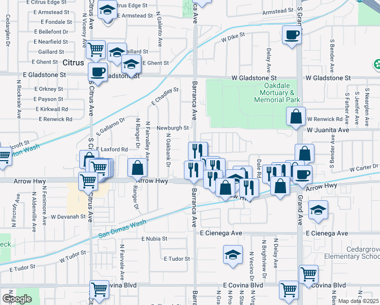 map of restaurants, bars, coffee shops, grocery stores, and more near 18849 East Woodcroft Street in Covina