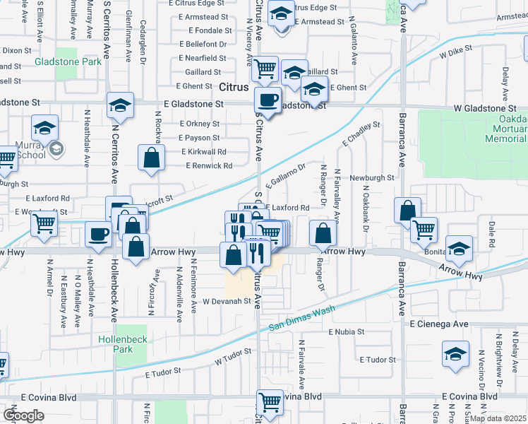 map of restaurants, bars, coffee shops, grocery stores, and more near 810 South Citrus Avenue in Azusa