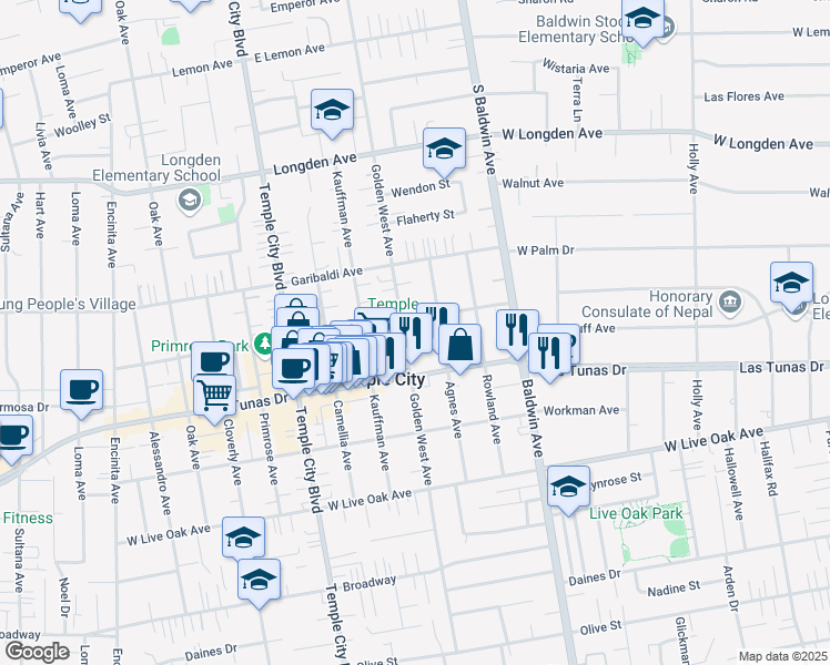 map of restaurants, bars, coffee shops, grocery stores, and more near 5935 1/2 Agnes Avenue in Temple City