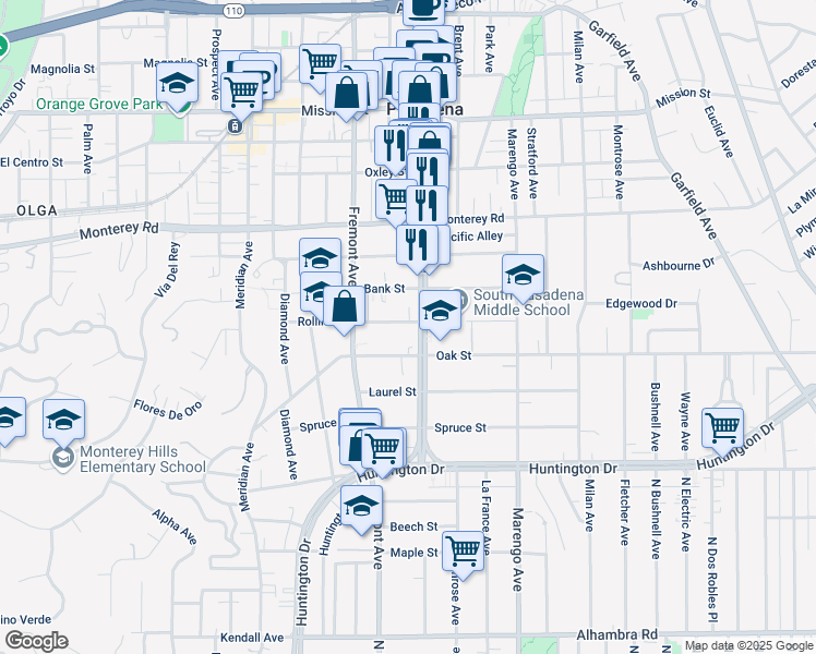 map of restaurants, bars, coffee shops, grocery stores, and more near in South Pasadena