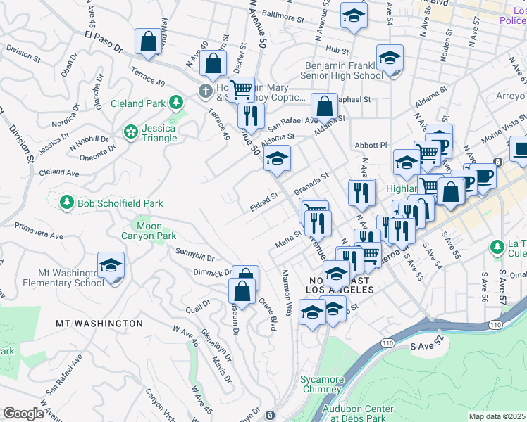 map of restaurants, bars, coffee shops, grocery stores, and more near 4894 Eldred Street in Los Angeles