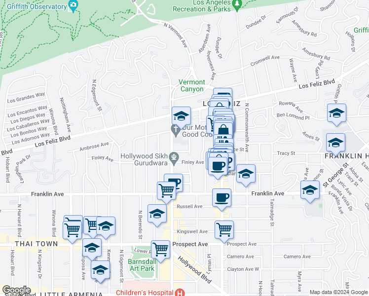 map of restaurants, bars, coffee shops, grocery stores, and more near 2024 1/2 Dracena Drive in Los Angeles