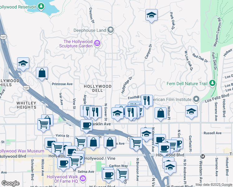 map of restaurants, bars, coffee shops, grocery stores, and more near 2047 North Beachwood Drive in Los Angeles