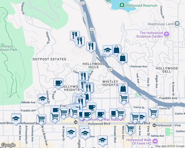 map of restaurants, bars, coffee shops, grocery stores, and more near 2121 North Las Palmas Avenue in Los Angeles