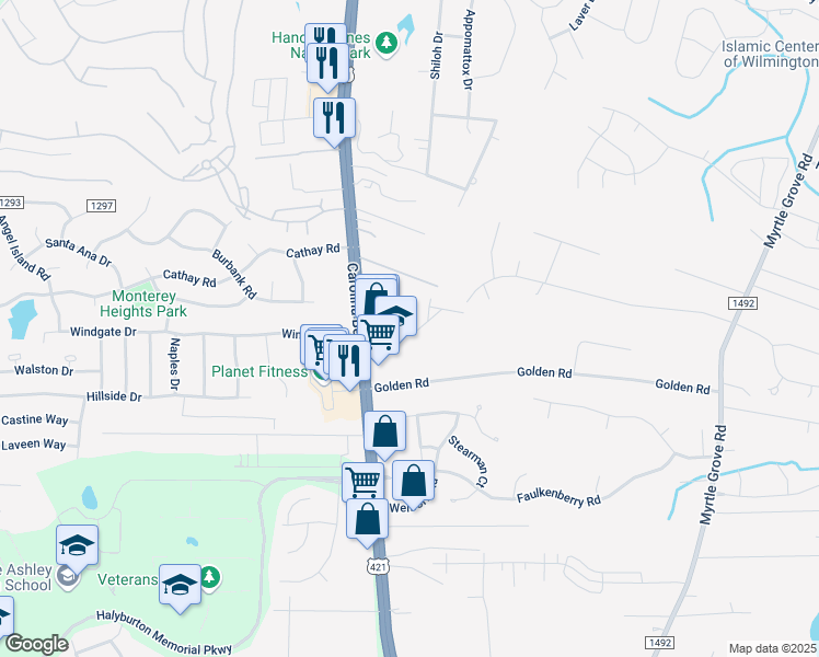 map of restaurants, bars, coffee shops, grocery stores, and more near 3969 Winds Ridge Drive in Wilmington